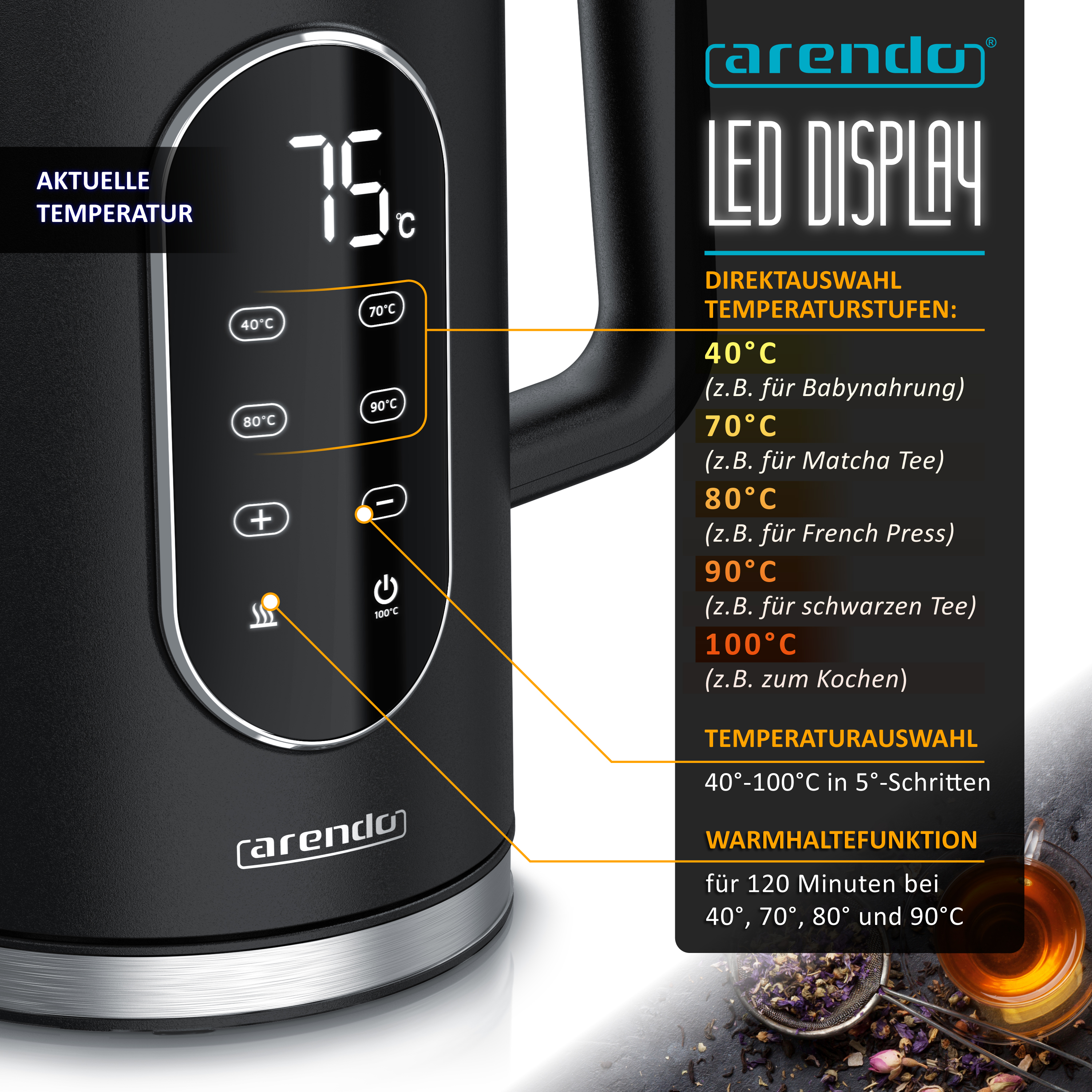 Ein schwarzer Arendo-Wasserkocher mit LED-Display und Tasten für verschiedene Temperaturstufen.