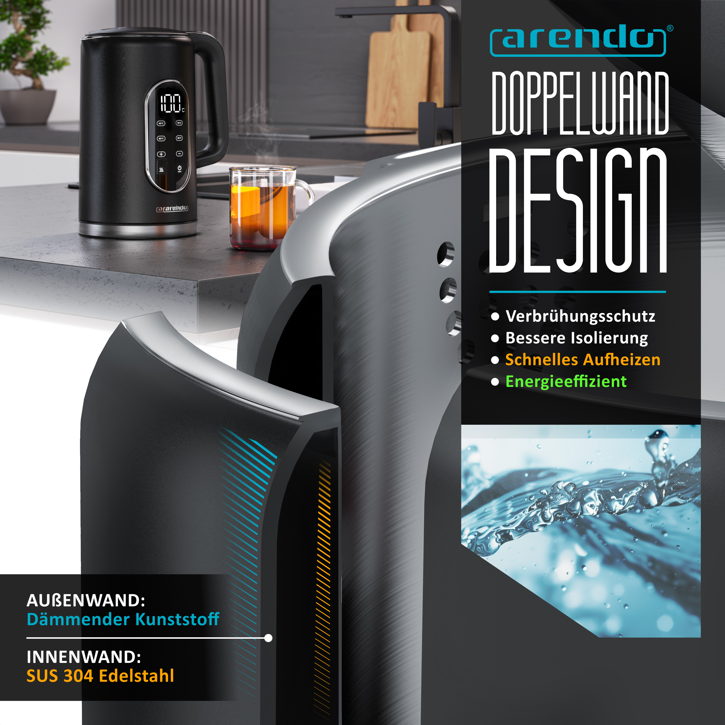 Doppelwandiges Design eines Arendo-Wasserkochers mit Schaubild der Isolierung und technischer Beschreibung.