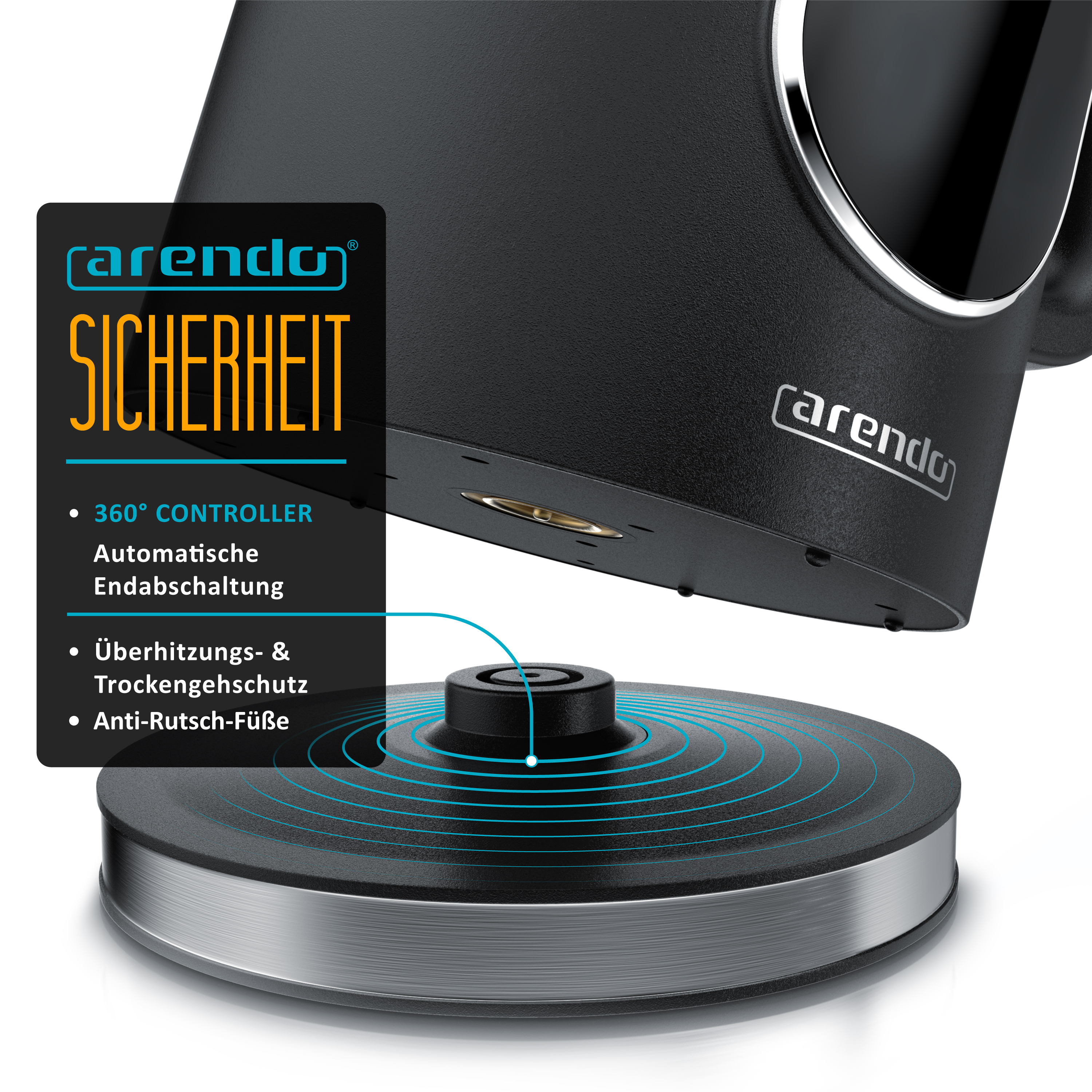 Schwarzer Arendo-Wasserkocher über seiner 360-Grad-Basis mit Sicherheitsfeatures und Textfeldern.