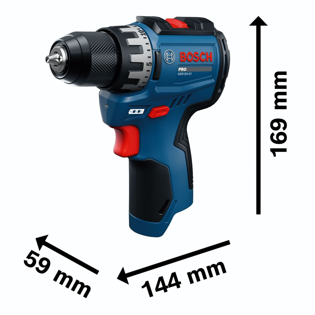 Trapano avvitatore a batteria Bosch blu con indicatori di dimensione in mm: altezza 169, lunghezza 144, larghezza 59.