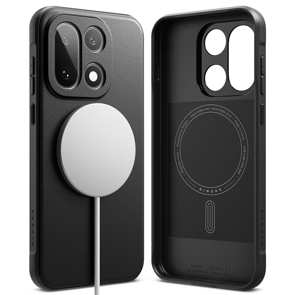 Custodia per smartphone nera con caricabatterie wireless MagSafe, vista frontale e posteriore.