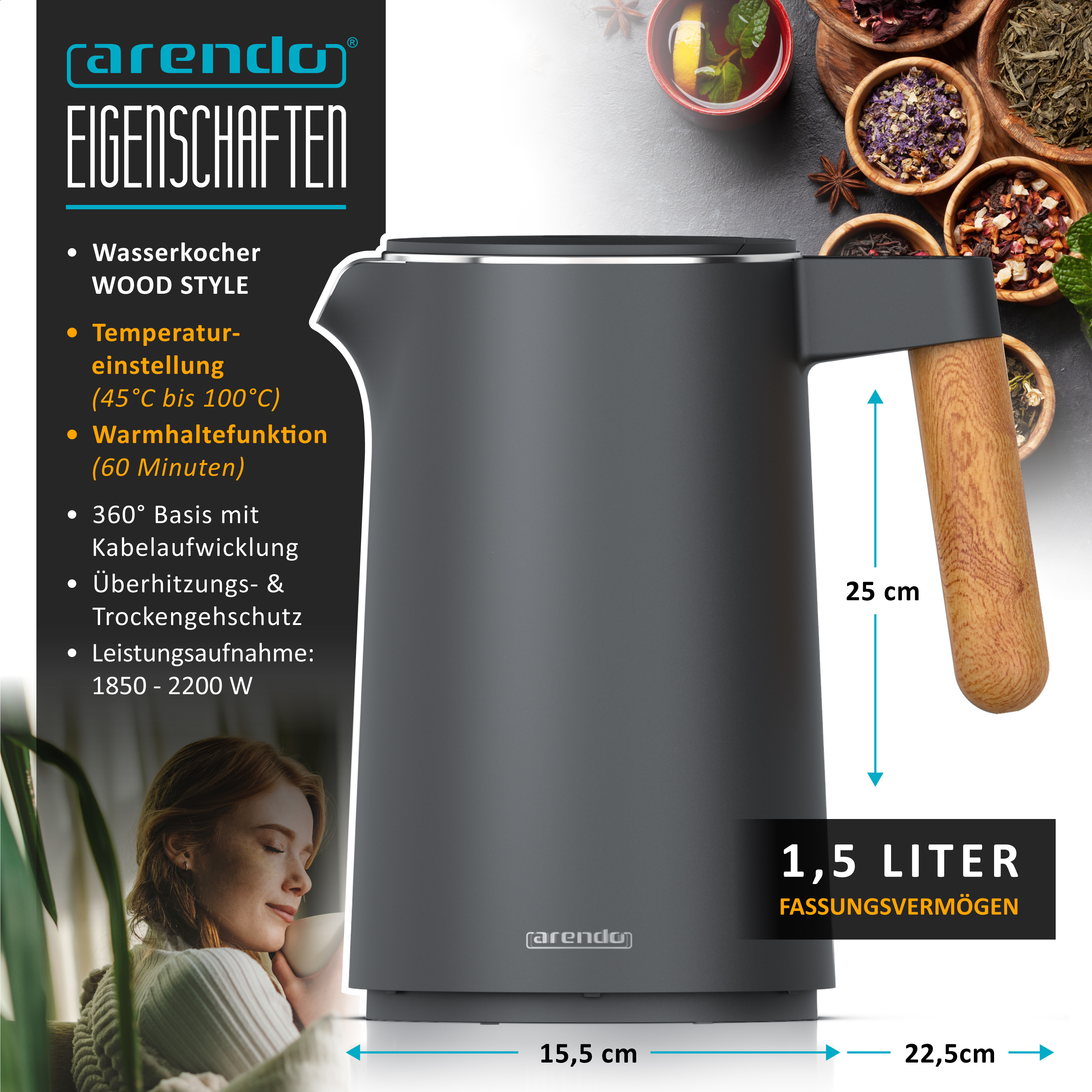 Grauer Arendo Wasserkocher mit Holzgriff und Produktfeatures.