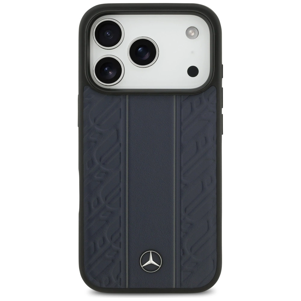 Custodia per telefono blu scuro con sezione fotocamera bianca, motivo testurizzato e logo Mercedes.