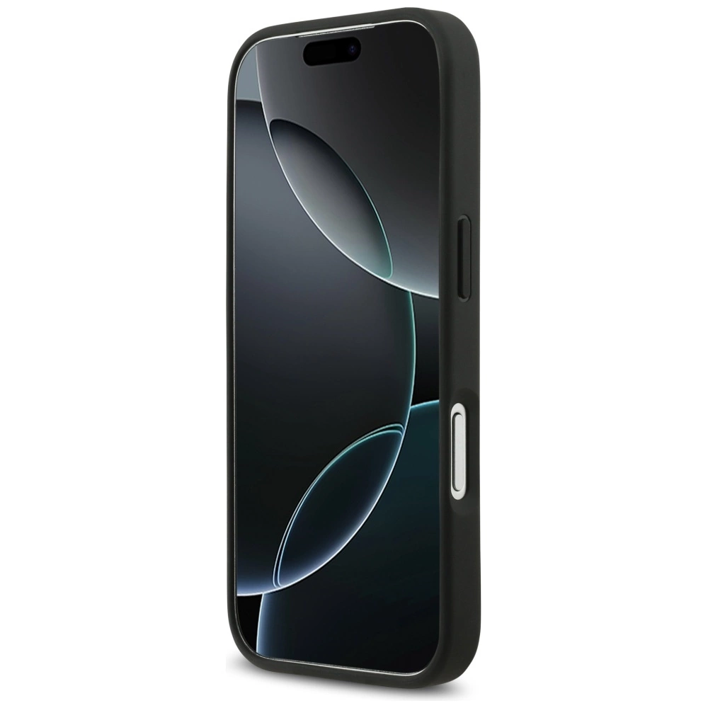 Uno smartphone nero con angoli arrotondati, cover protettiva liscia e uno sfondo scuro astratto sullo schermo.