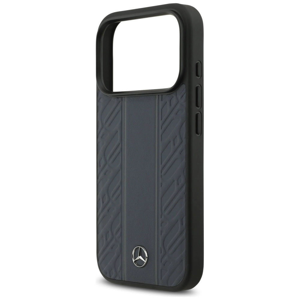 Custodia per telefono nera con retro grigio fantasia e logo Mercedes-Benz su sfondo bianco.