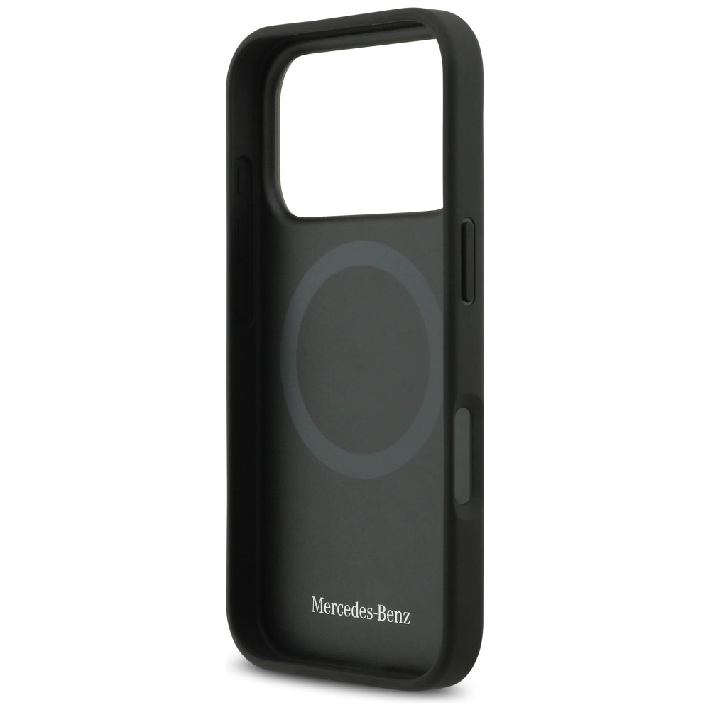 Una cover per smartphone nera Mercedes-Benz con anello MagSafe all'interno, su sfondo bianco.