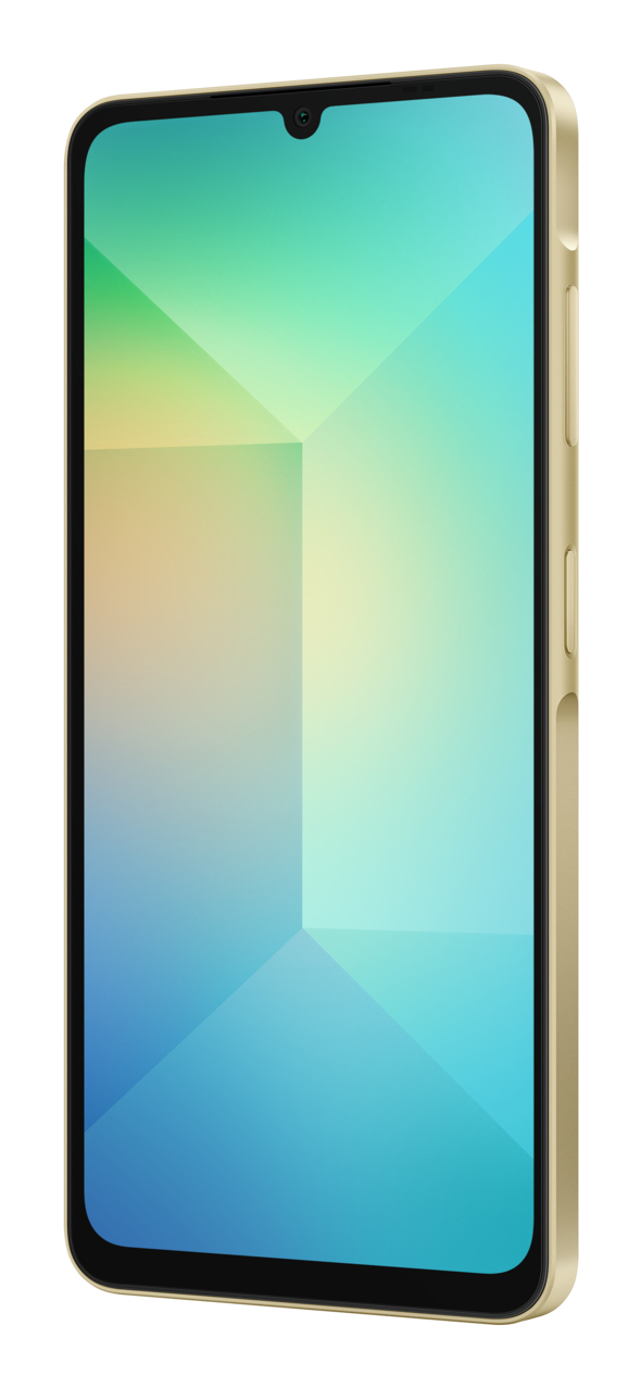 Smartphone dorato con schermo colorato e pulsanti laterali.