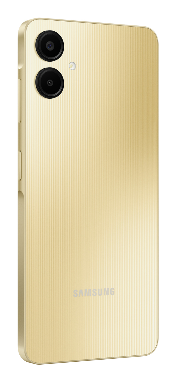 Retro di uno smartphone Samsung dorato con motivo verticale, doppia fotocamera e flash LED.
