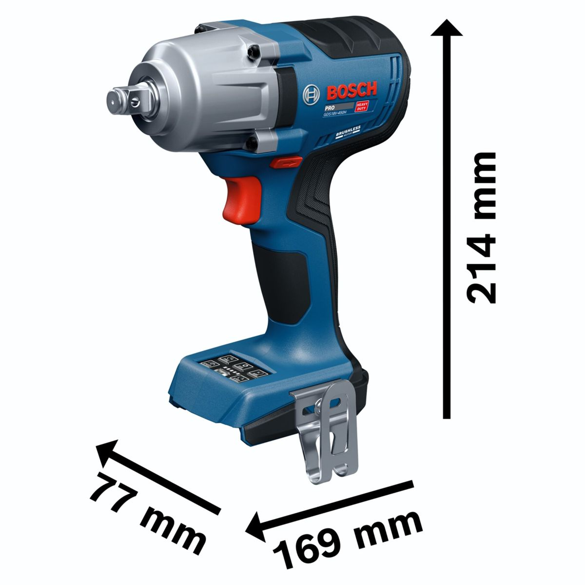 Avvitatore a impatto a batteria Bosch blu e argento con quote in millimetri.