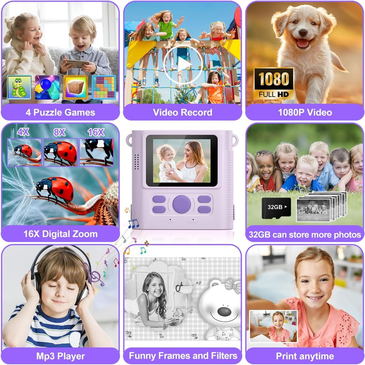 Eine Collage zeigt Funktionen einer Kinderkamera: Spiele, Video, Zoom, Speicher, MP3-Player, Filter und Drucken.