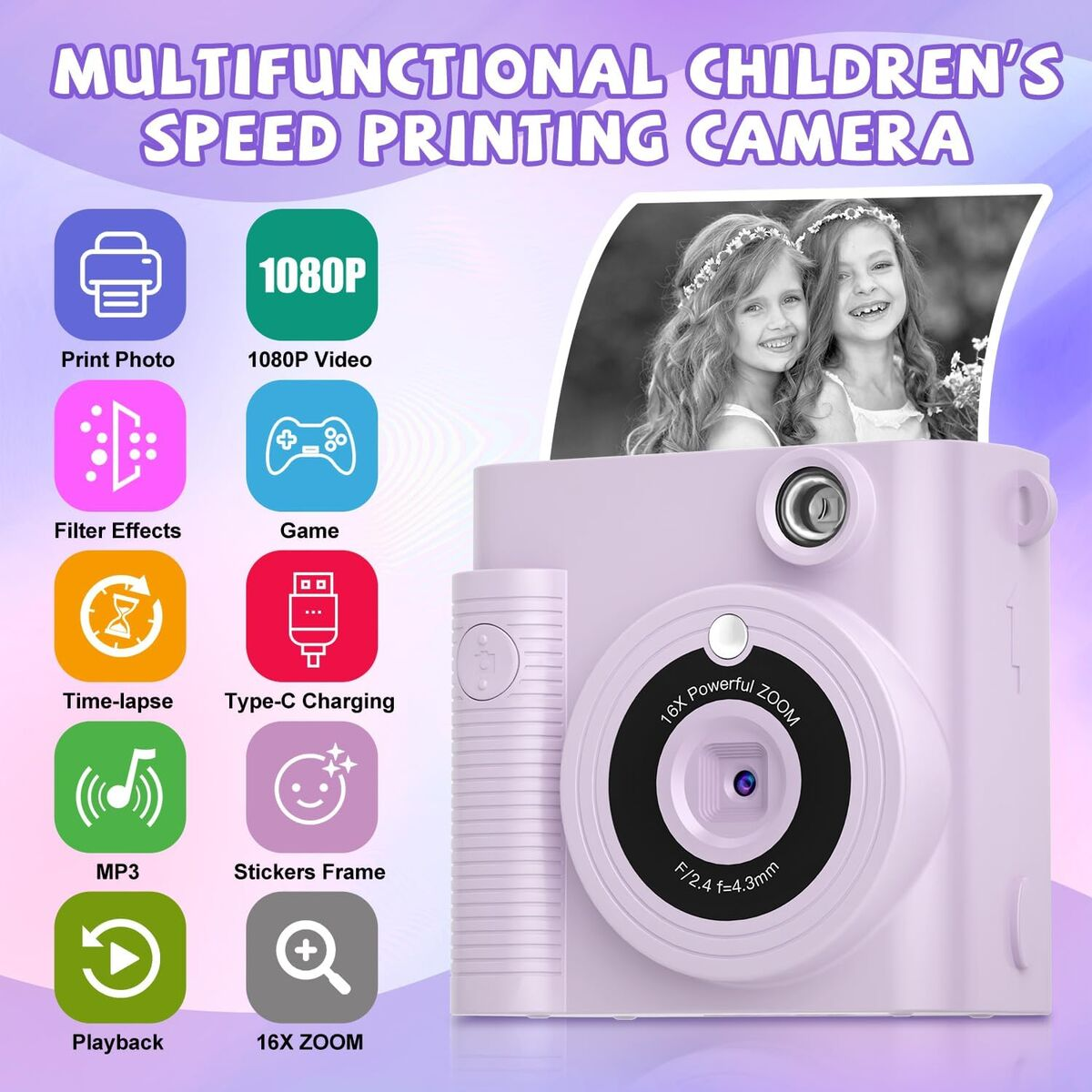 Lila Kinderkamera mit Sofortdruck, Videofunktion, Spielen und Effekten.