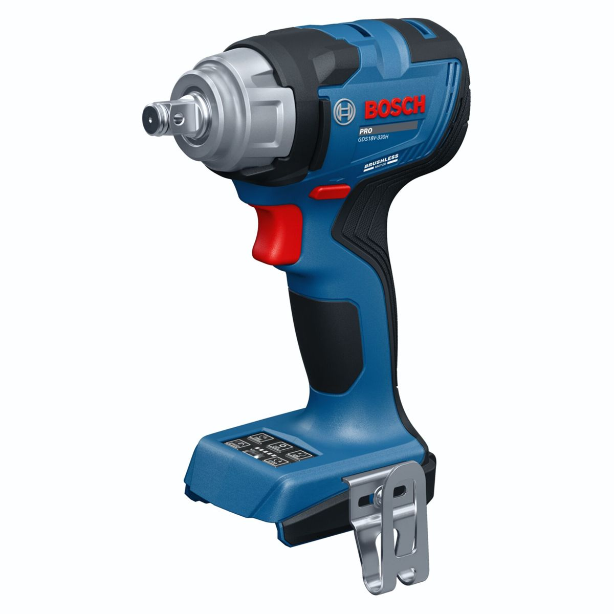 Un avvitatore a impatto a batteria Bosch blu con grilletto rosso e gancio per cintura.