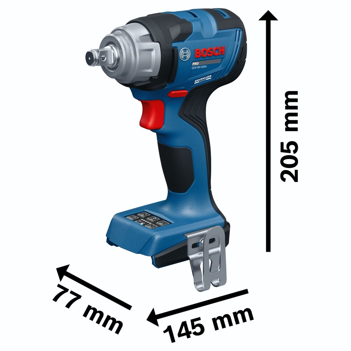 Un avvitatore a impatto a batteria Bosch blu con dimensioni 205x145x77 mm e grilletto rosso.
