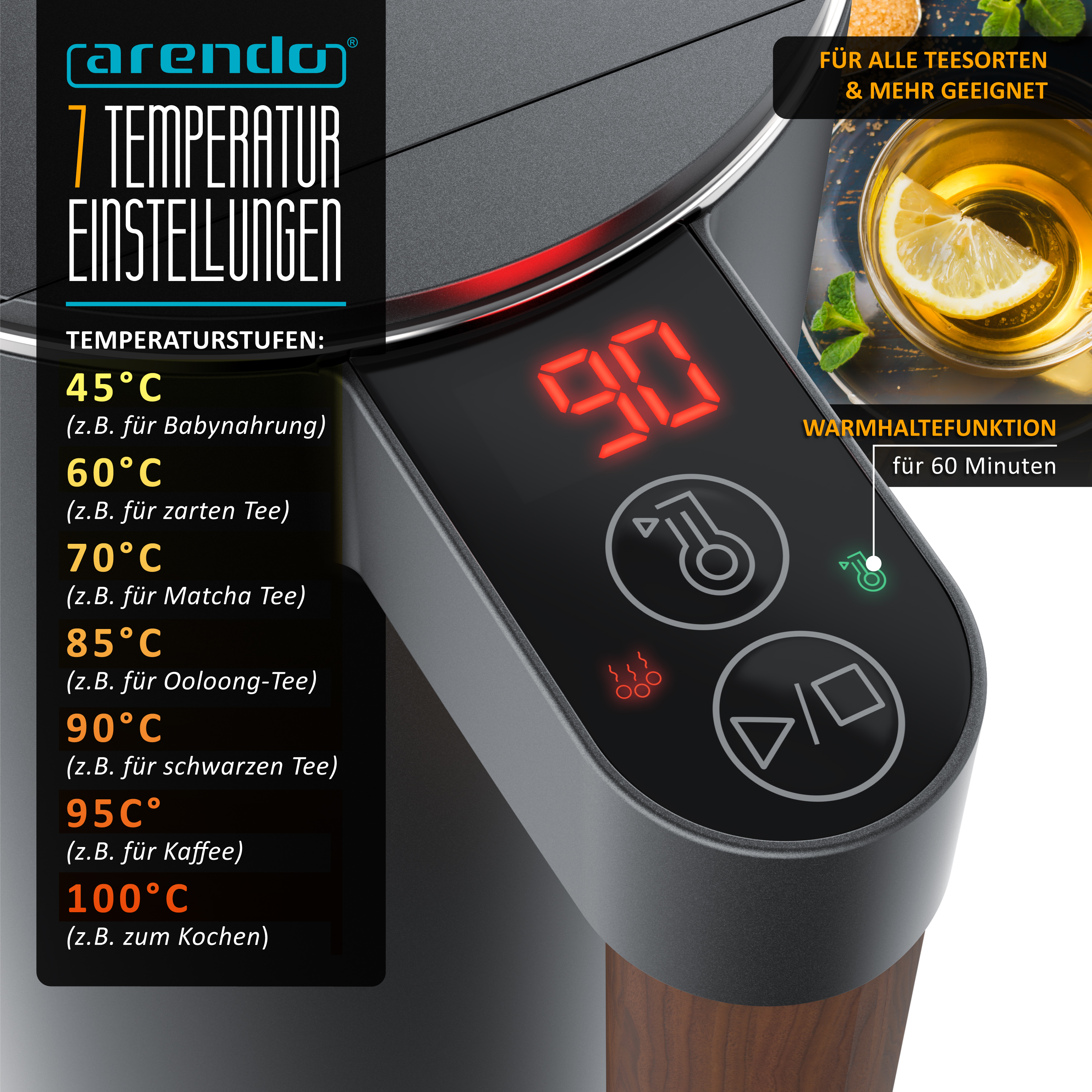 Digitales Display eines Wasserkochers mit Temperaturanzeige bei 90 Grad und Bedientasten.