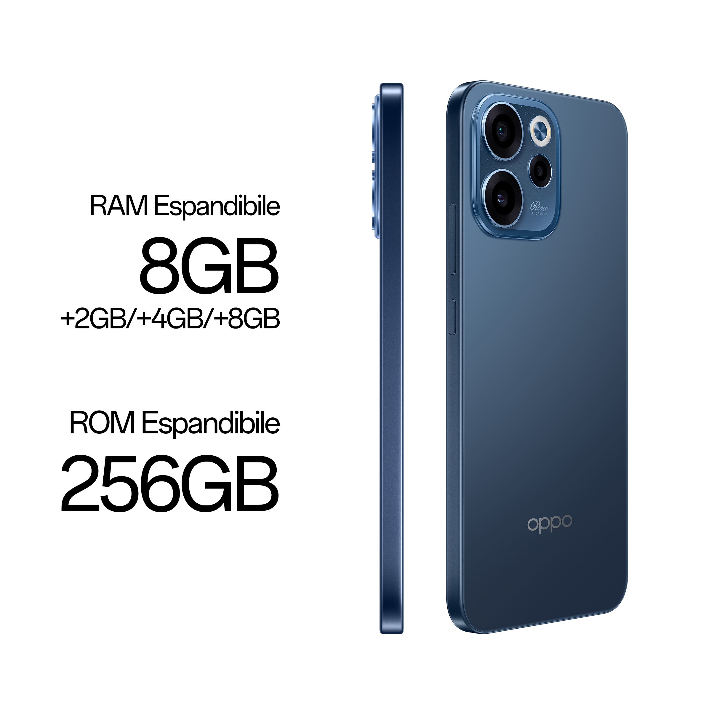 Retro e profilo di uno smartphone Oppo blu con testo su RAM e ROM espandibili.