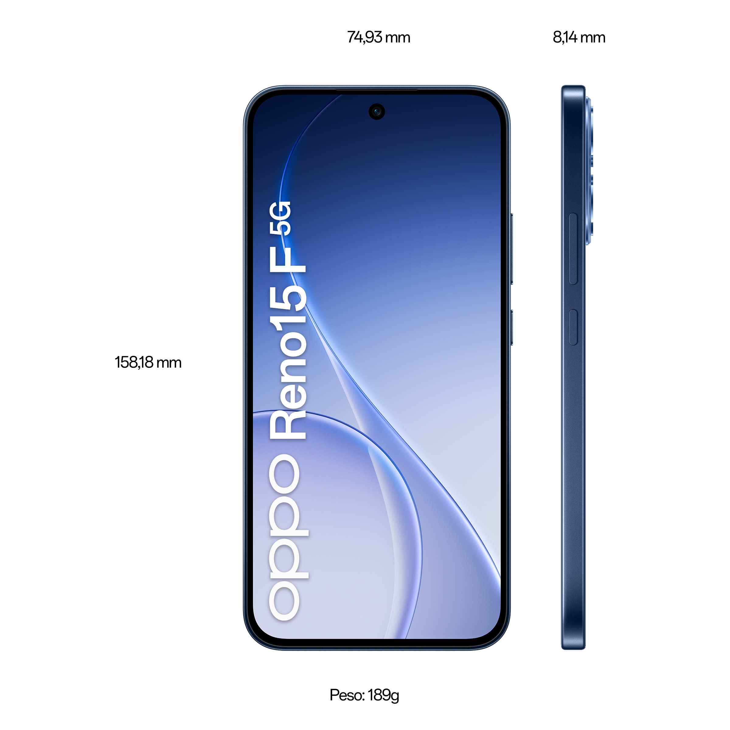 Vista frontale e laterale con dimensioni dello smartphone blu Oppo Reno15 F 5G su sfondo bianco.
