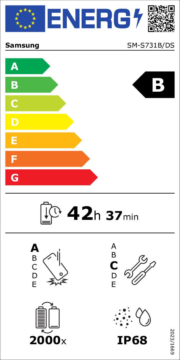 Etichetta energetica UE per dispositivo Samsung, classe B, durata della batteria 42h 37min e IP68.