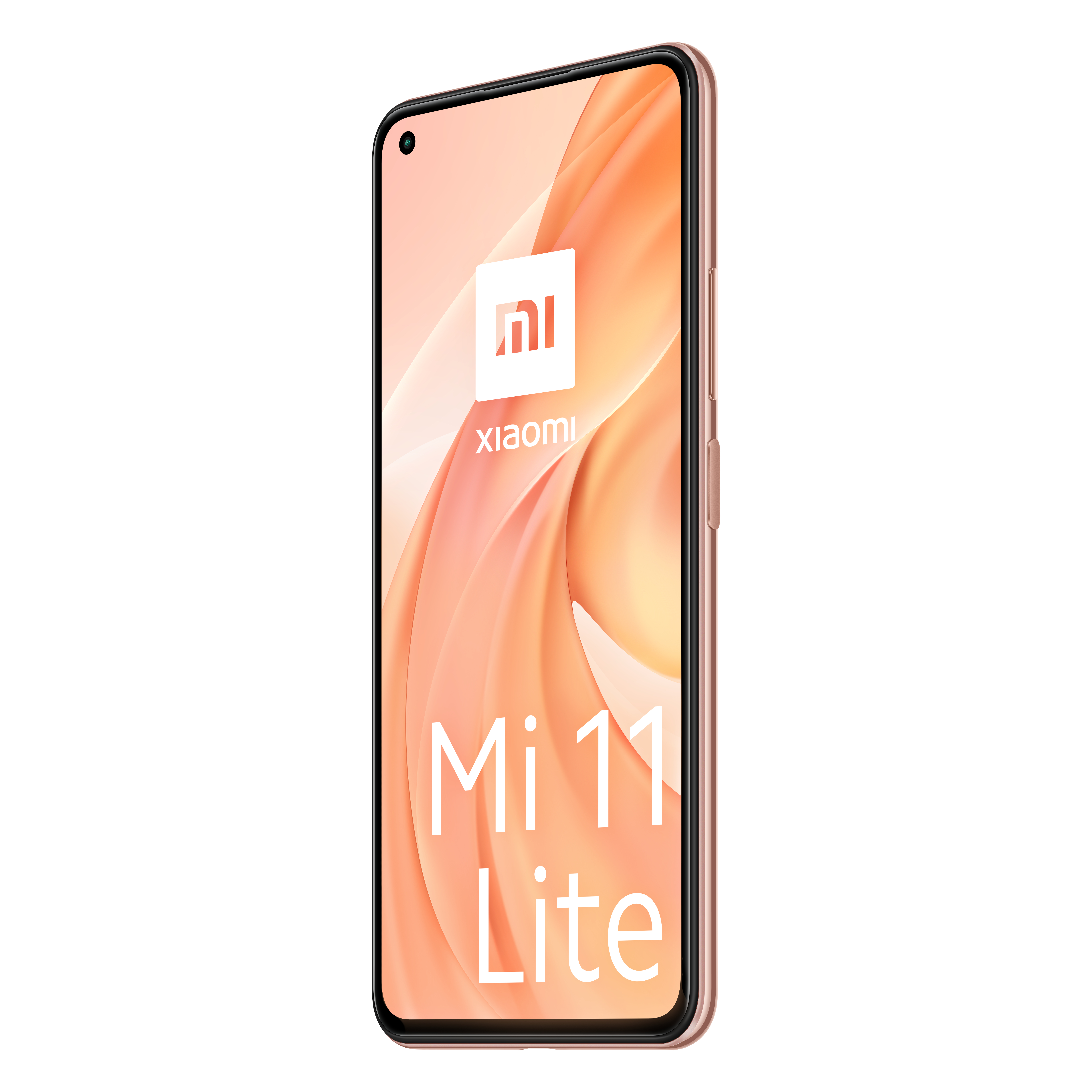 Ein rosafarbenes Xiaomi Mi 11 Lite Smartphone mit orangefarbenem Bildschirmhintergrund und Markenlogo.
