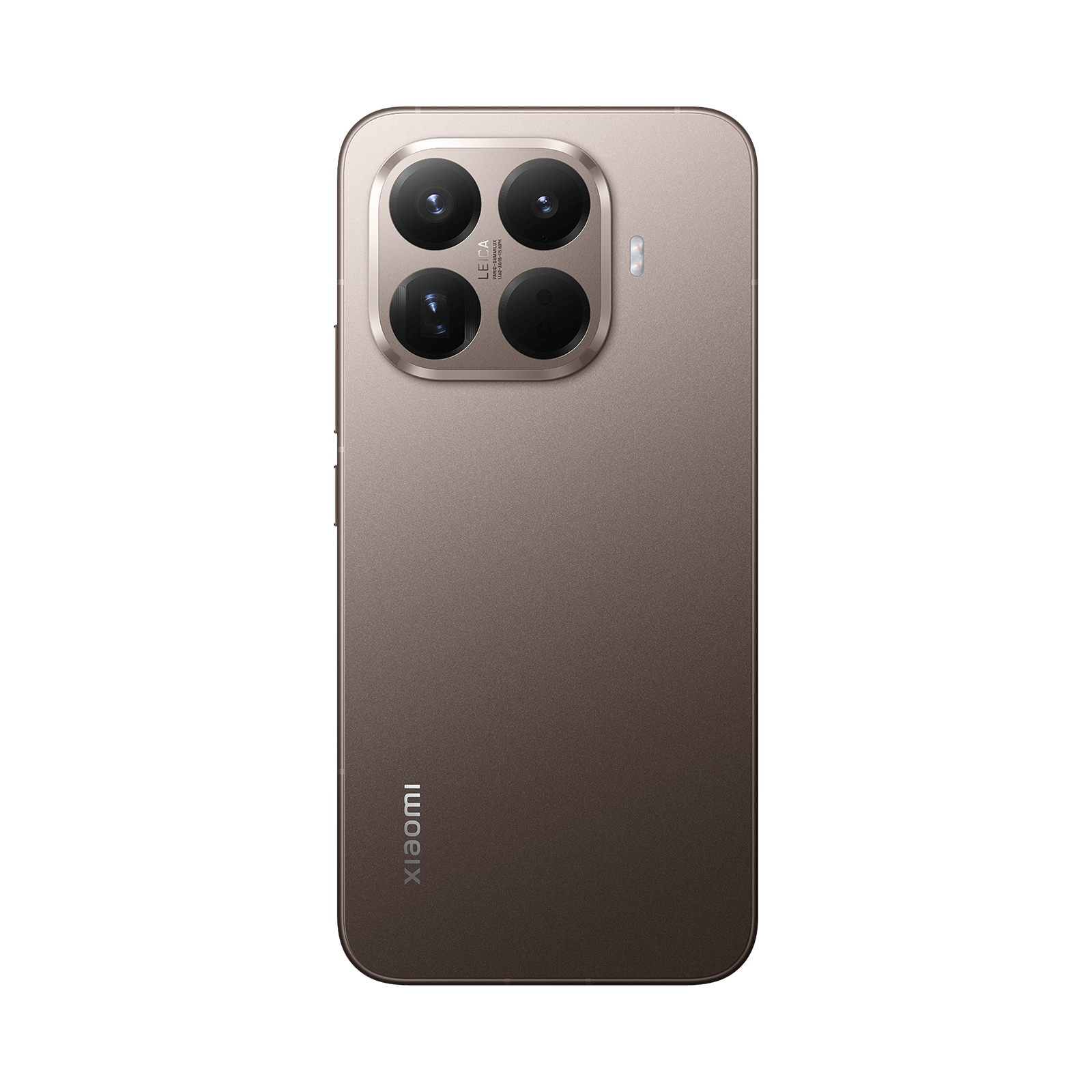 Retro di uno smartphone Xiaomi color bronzo con quattro fotocamere Leica in un modulo quadrato.
