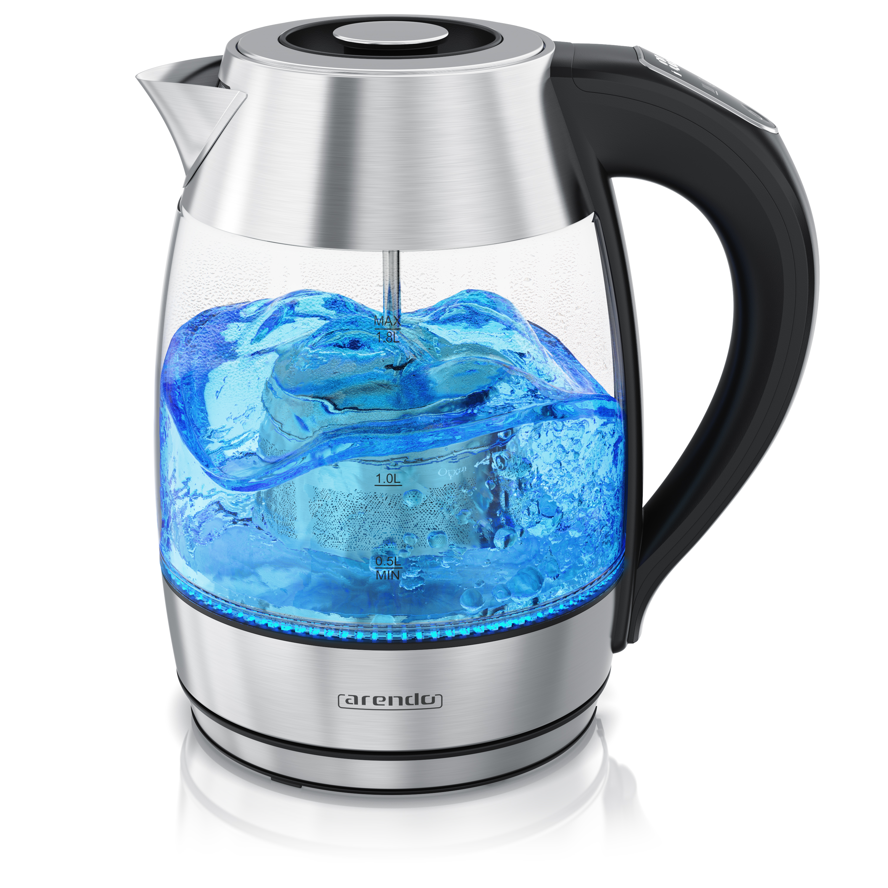 ARENDO 1,8 Liter 2200 Watt Wasserkocher, Transparent mit Edelstahl und LED‑Beleuchtung
