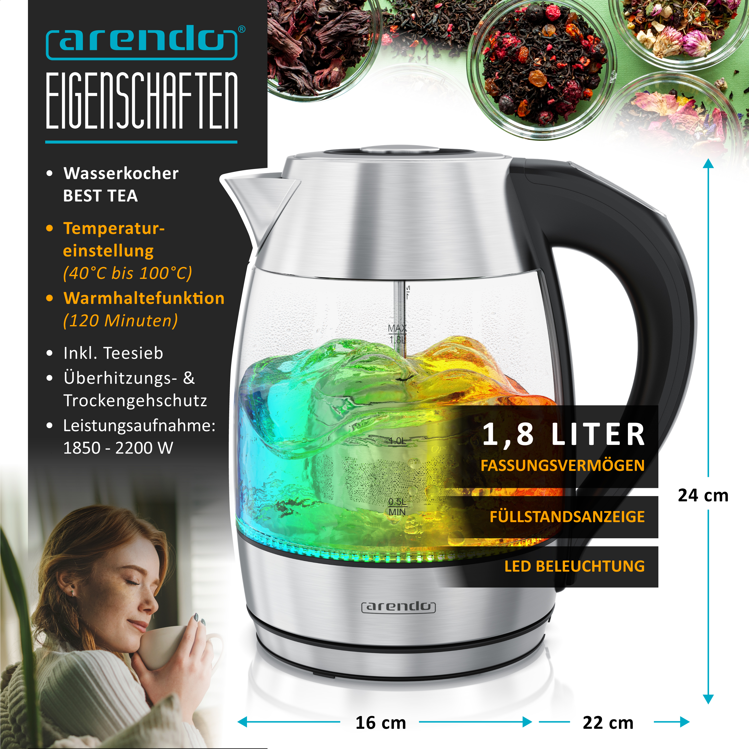 Arendo Glas-Wasserkocher mit farbiger LED-Beleuchtung, Teefilter und Temperaturregelung neben Text und Teeblättern.