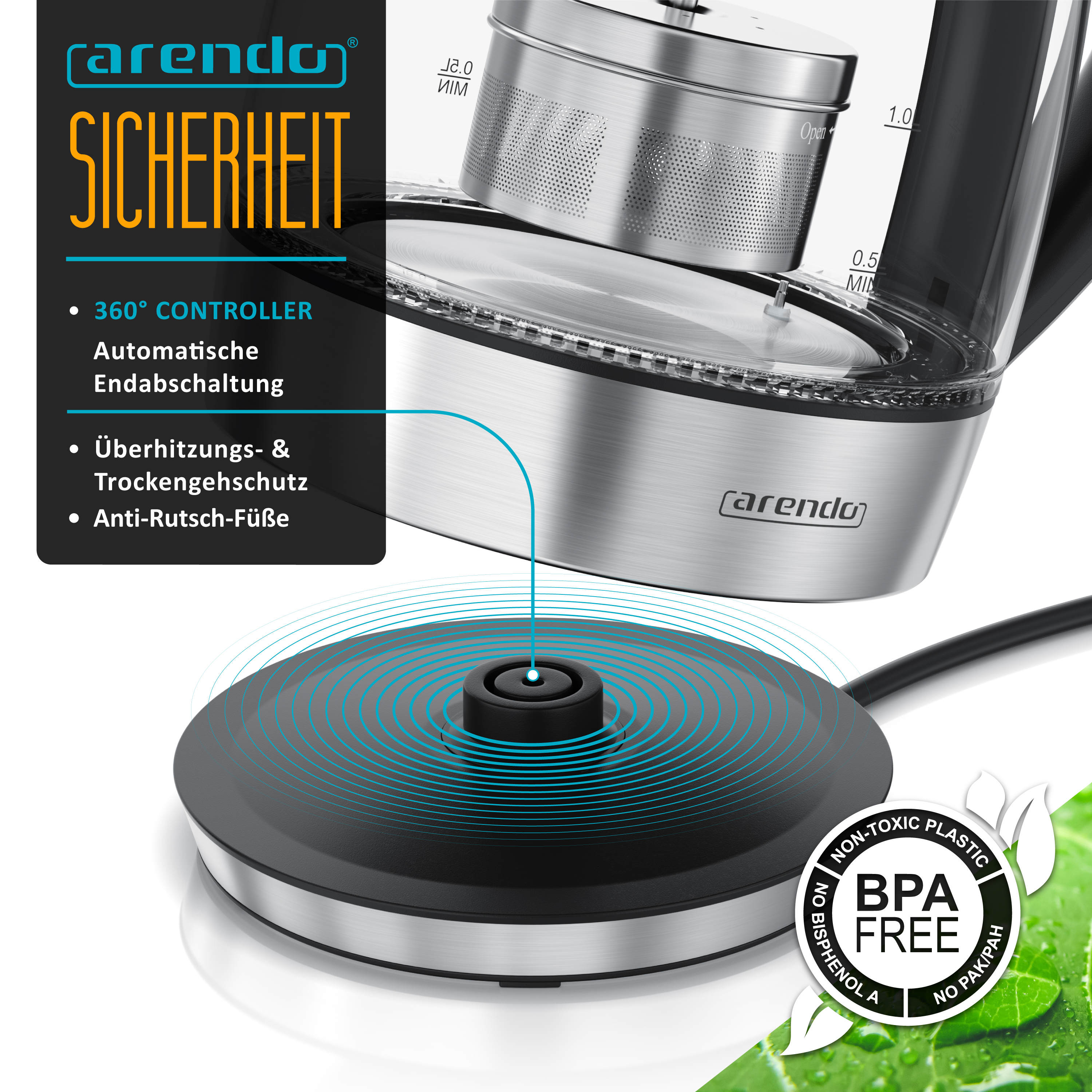 Arendo Wasserkocher mit 360-Grad-Basis, Sicherheitsfunktionen und BPA-freiem Aufkleber.