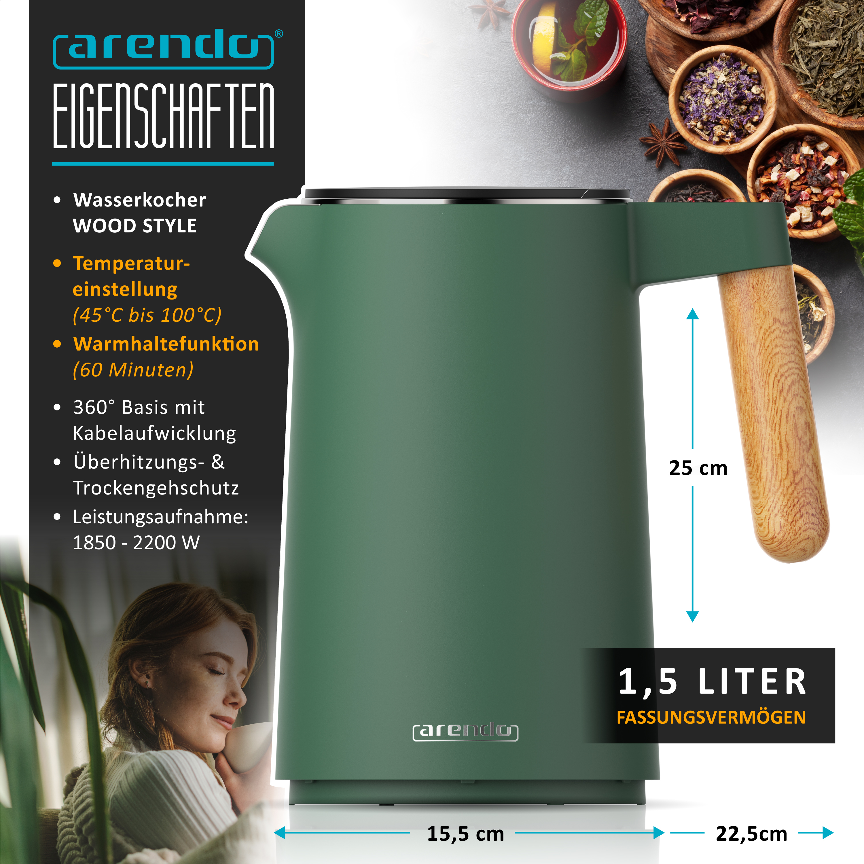 Grüner Arendo Wasserkocher mit Holzgriff, 1,5 Liter Fassungsvermögen und technischen Produktdetails.