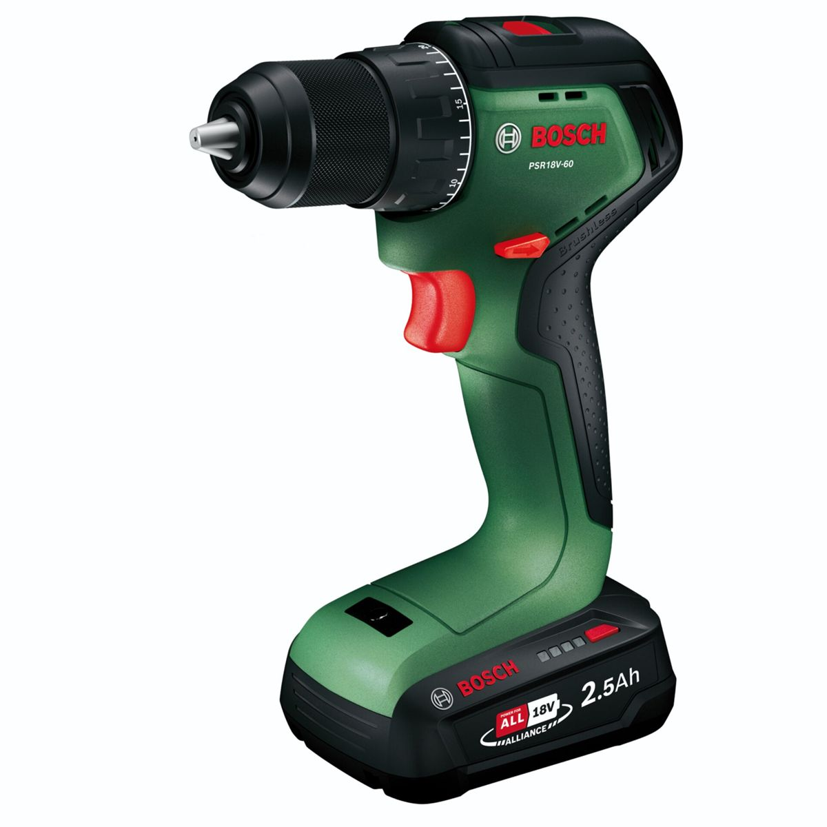Un trapano a batteria Bosch verde e nero con batteria da 18V 2,5Ah su sfondo bianco.