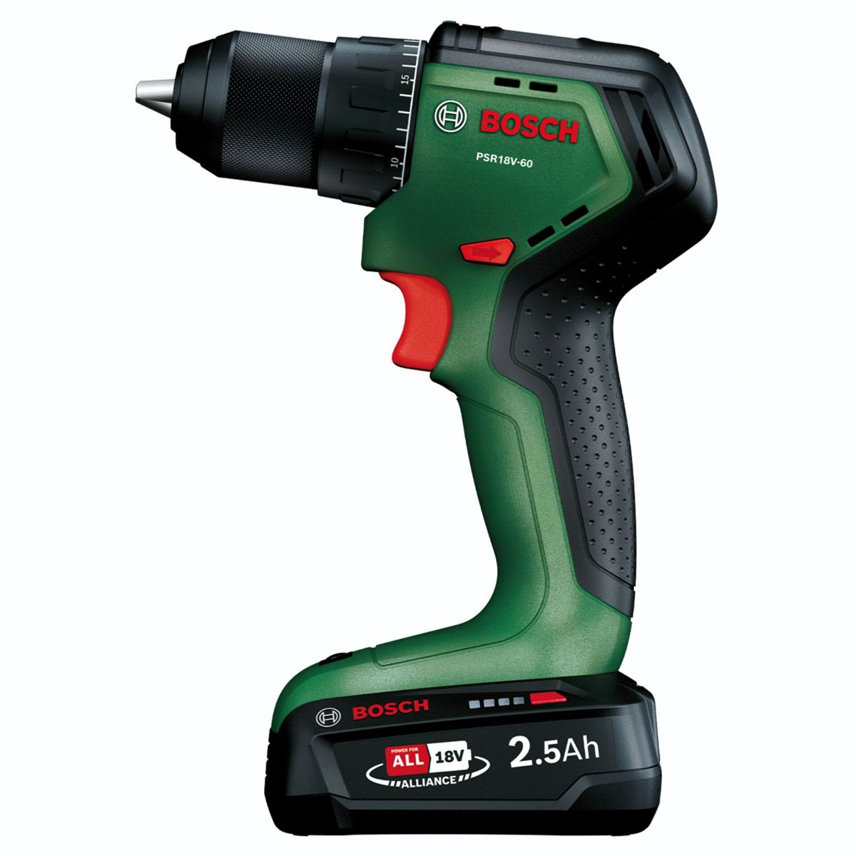 Trapano a batteria verde Bosch PSR 18V-60 con batteria da 2.5Ah su sfondo bianco.