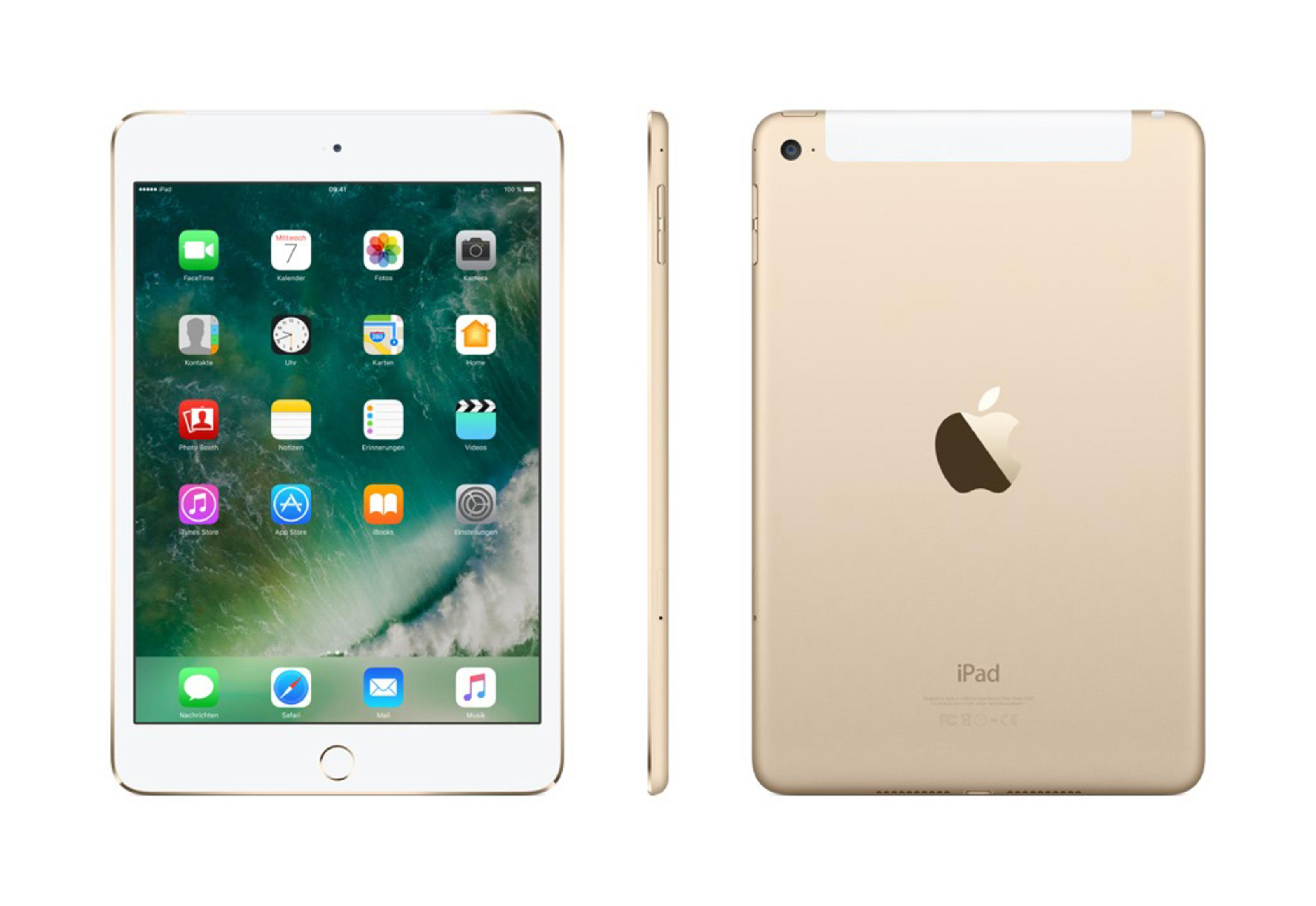 Goldenes iPad von vorne, der Seite und hinten gezeigt, mit App-Icons auf dem Bildschirm.