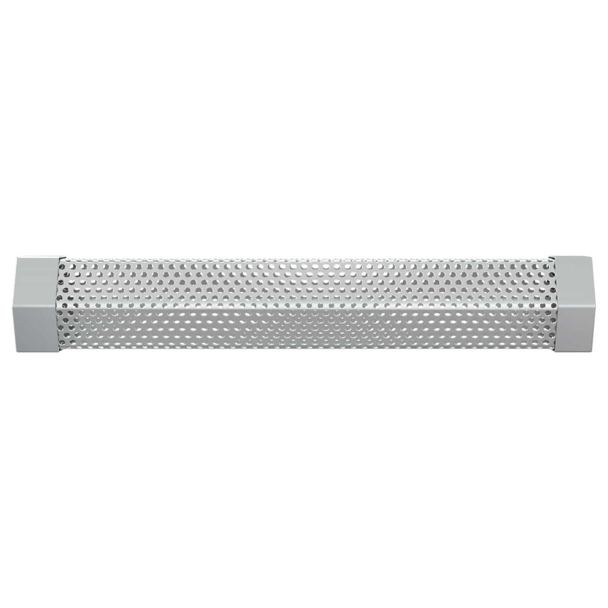 Langes, silbernes Metallrohr mit vielen kleinen Löchern und eckigen Endkappen auf weißem Hintergrund.