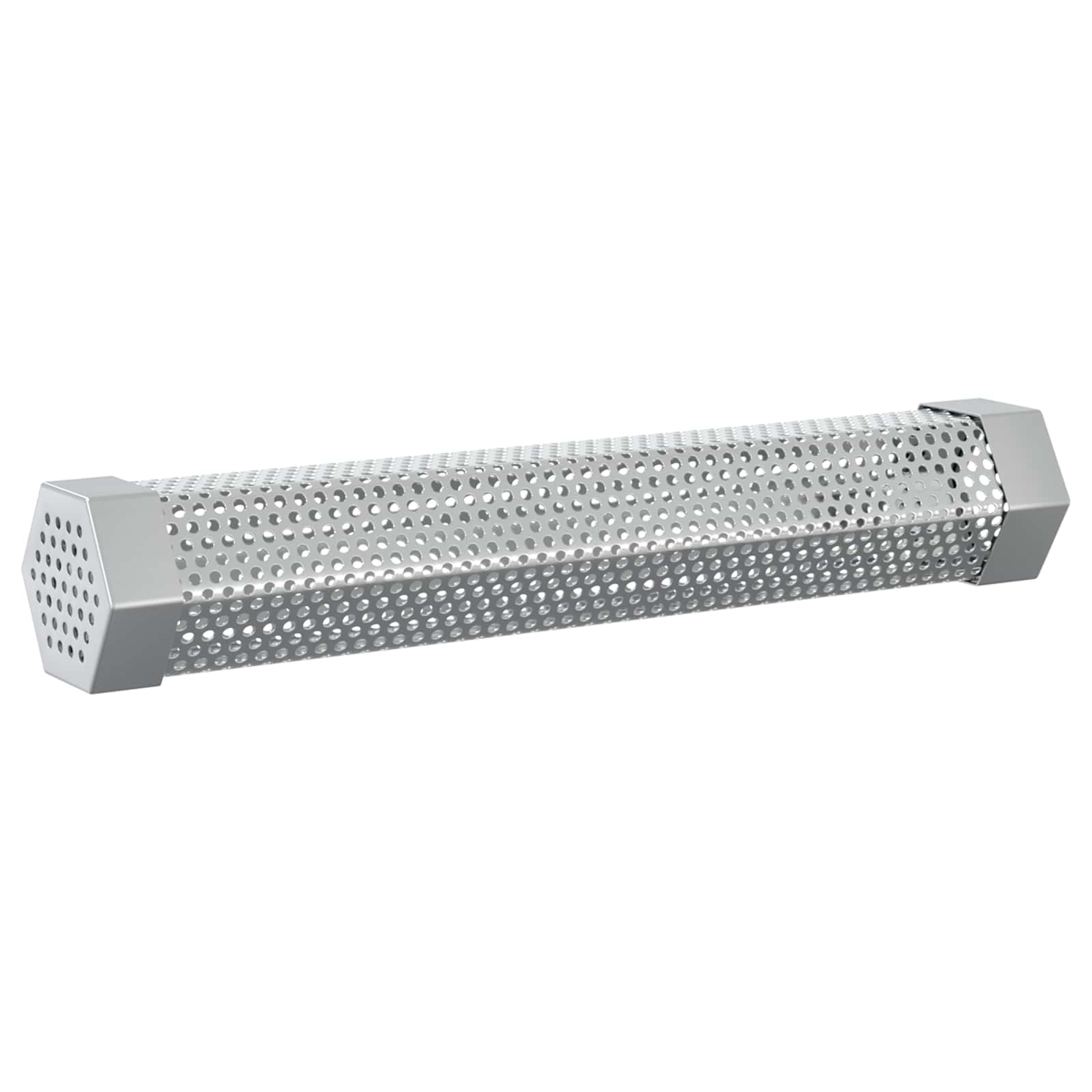 Ein silberner, hexagonaler Metallrohrbrenngrill mit Perforationen und Kappen an beiden Enden auf weißem Hintergrund.