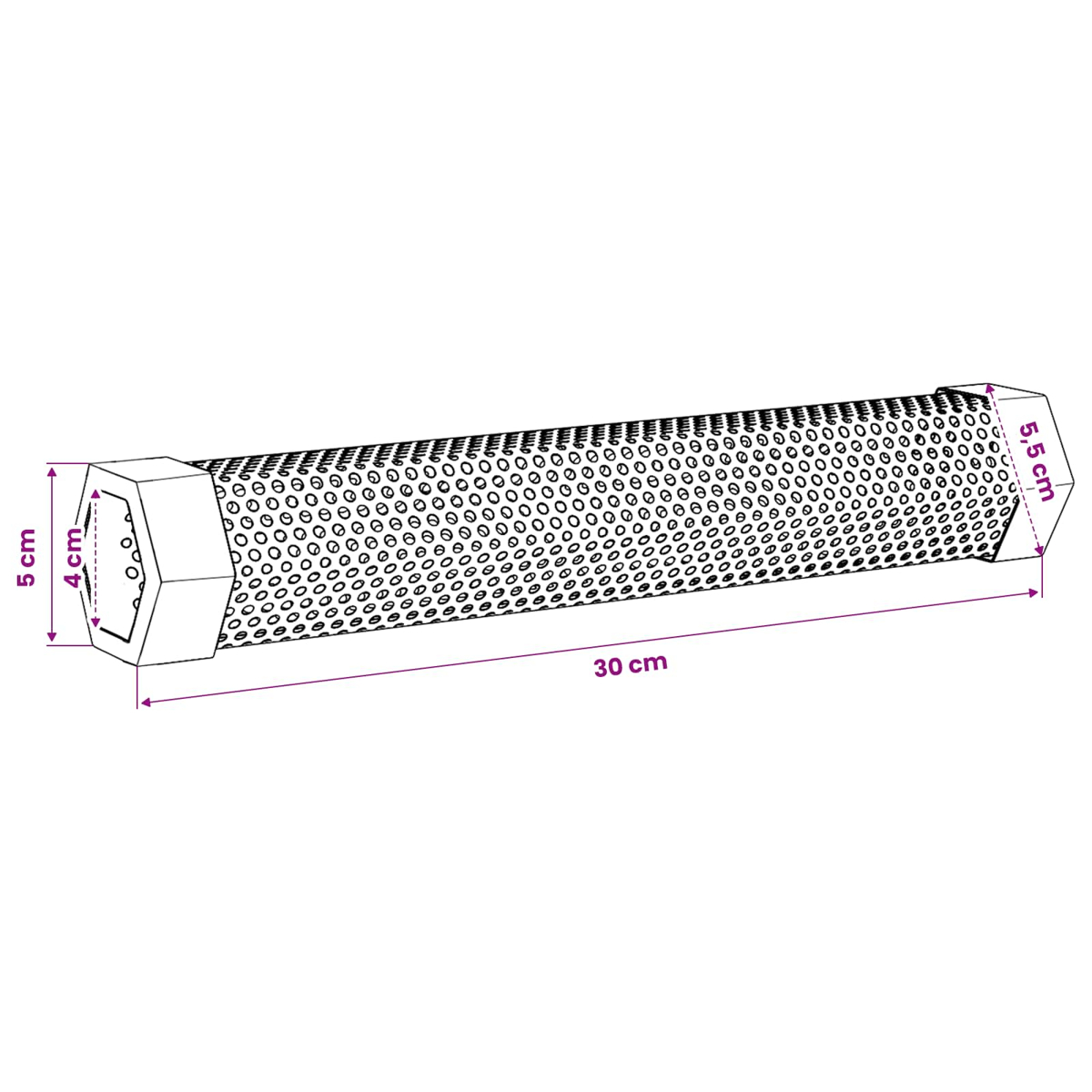 Diagramm eines 30 cm langen gelochten Sechskantrohrs mit Maßen auf weißem Hintergrund.
