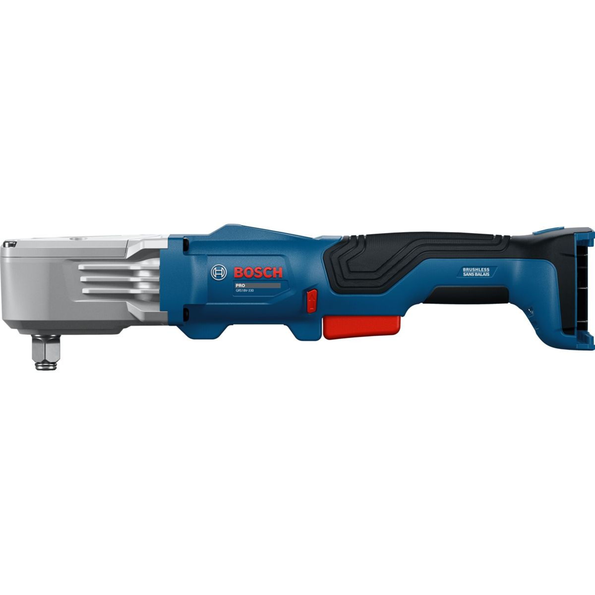 Avvitatore a impatto angolare a batteria Bosch blu e argento su sfondo bianco.