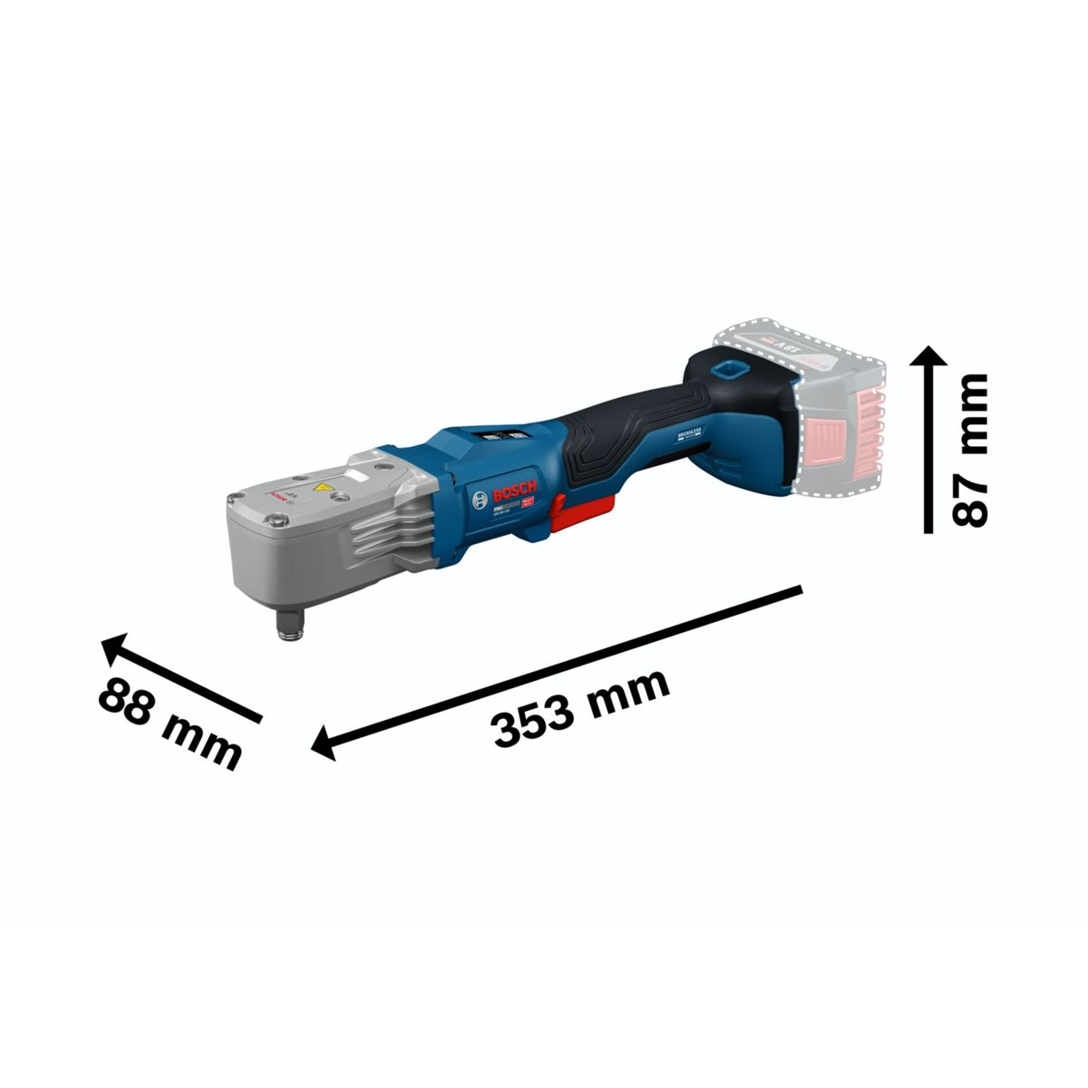 Avvitatore ad angolo a batteria Bosch blu e grigio con dimensioni di 353 mm di lunghezza, 88 mm di larghezza e 87 mm di altezza.