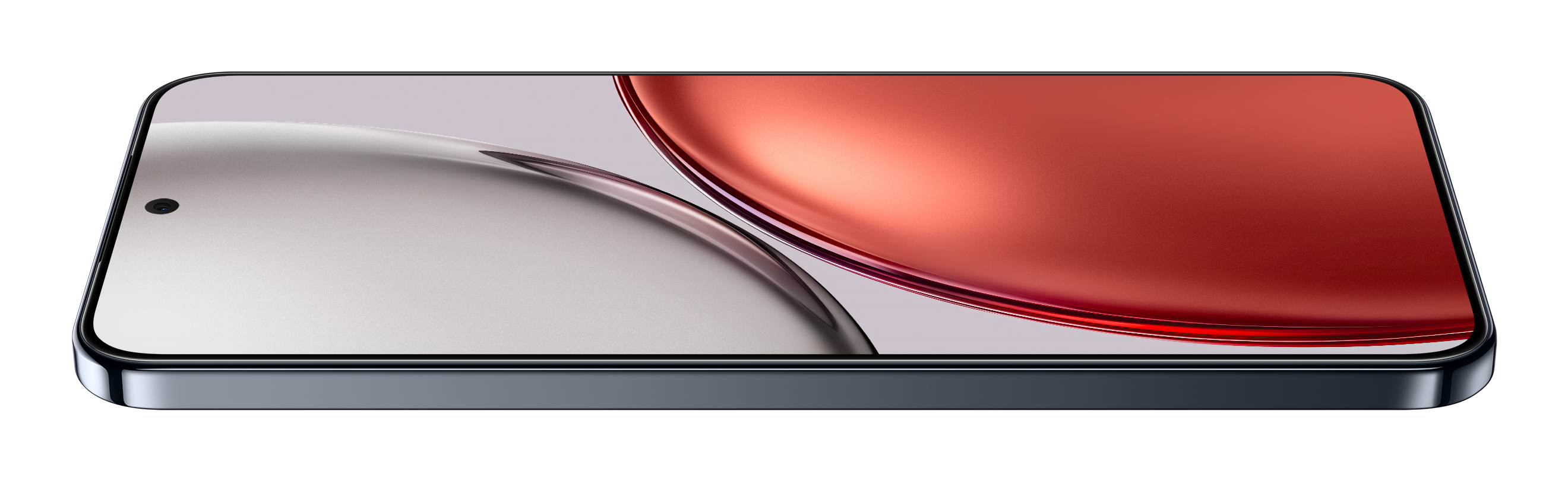 Uno smartphone con angoli arrotondati e schermo senza bordi mostra uno sfondo astratto rosso e grigio.