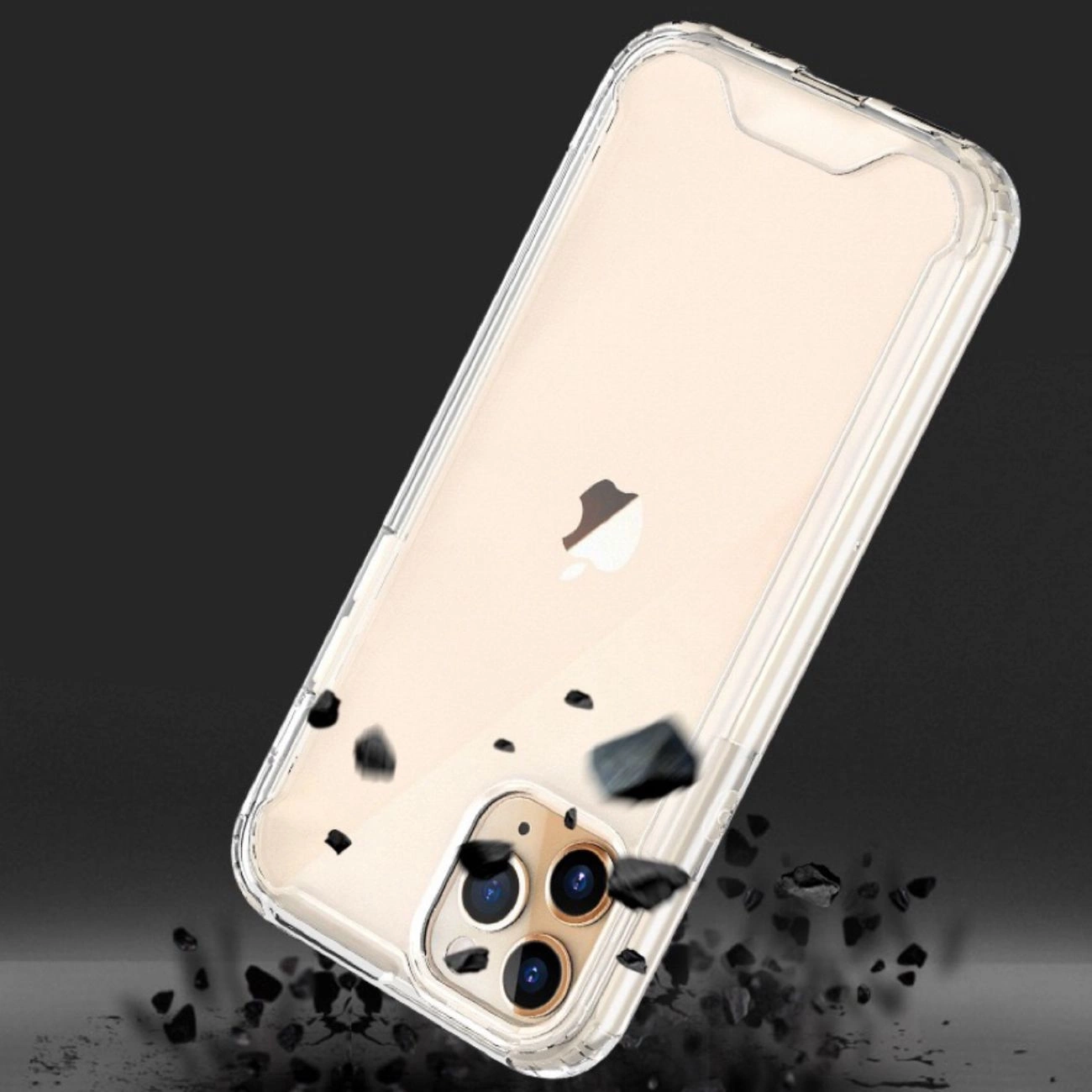 Uno smartphone in una cover trasparente fluttua sopra pietre volanti su sfondo scuro.