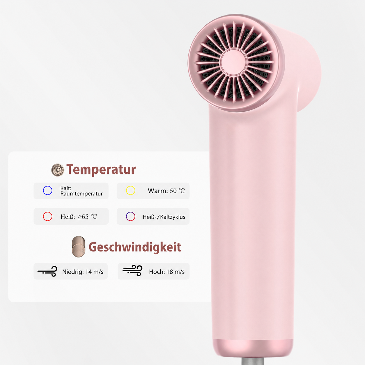 Ein rosa Haartrockner mit Temperatur- und Geschwindigkeitsstufen auf der Seite vor weißem Hintergrund.