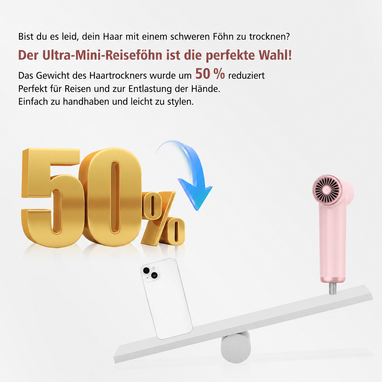 Eine Waage zeigt ein leichtes rosafarbenes Mini-Haartrockner auf einer Seite und ein Smartphone auf der anderen.