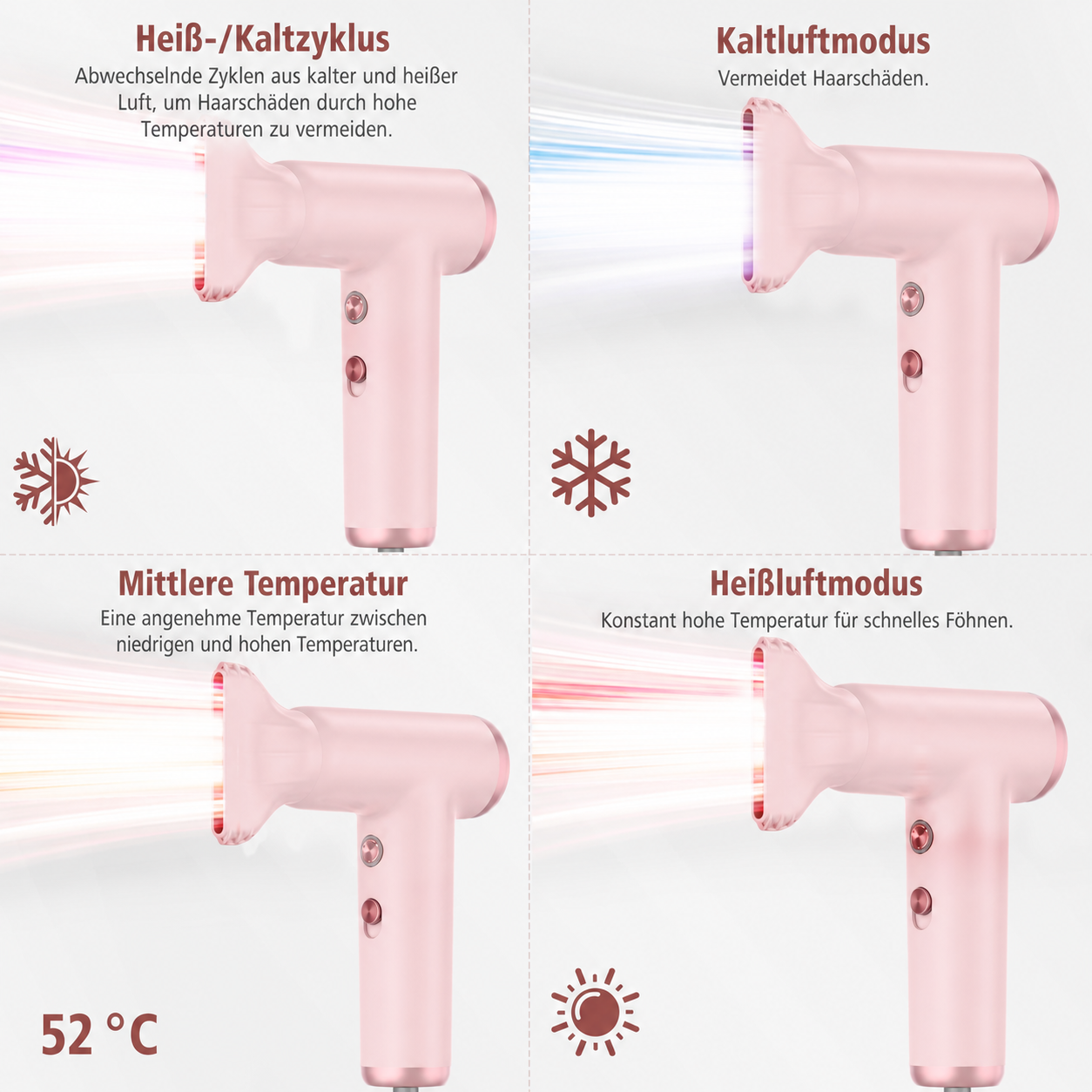 Vier Felder mit rosa Haartrocknern und verschiedenen Luft- und Temperaturmodi wie heiß, kalt und mittel.
