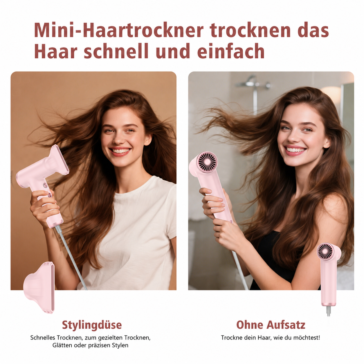 Vergleich zweier Frauen mit rosafarbenem Mini-Haartrockner: mit und ohne Stylingdüse.