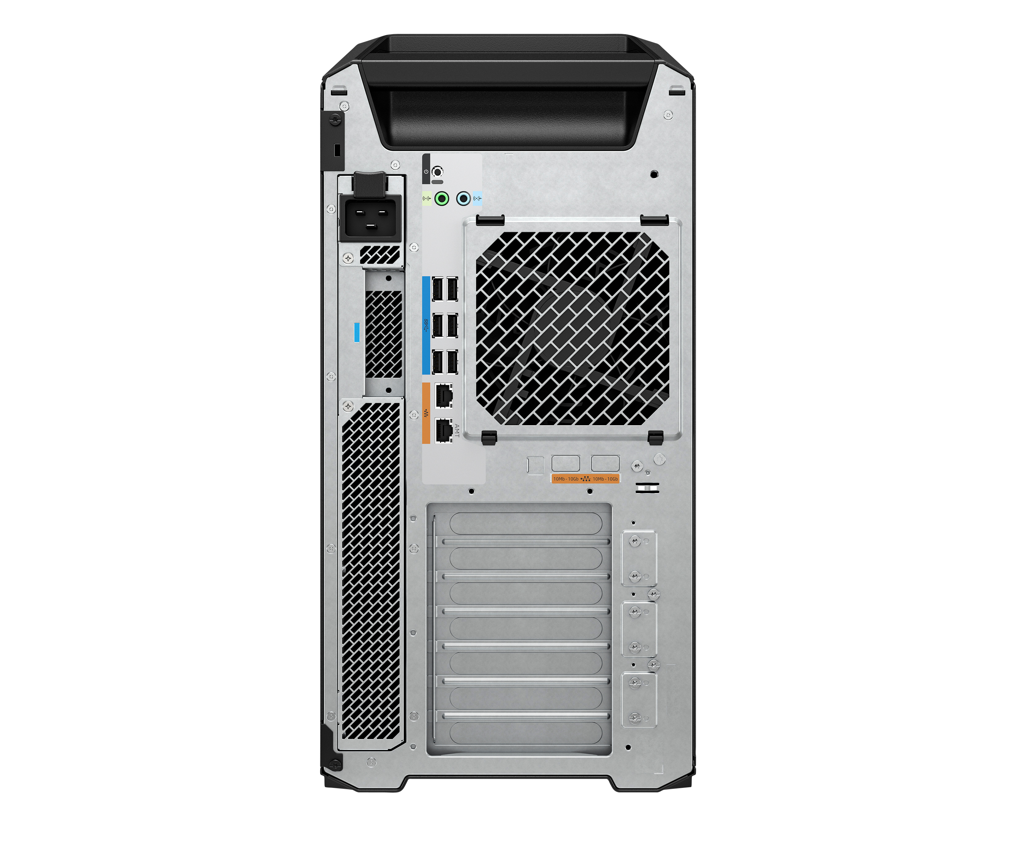 Vista posteriore di un case per computer con porte, griglia della ventola e slot.