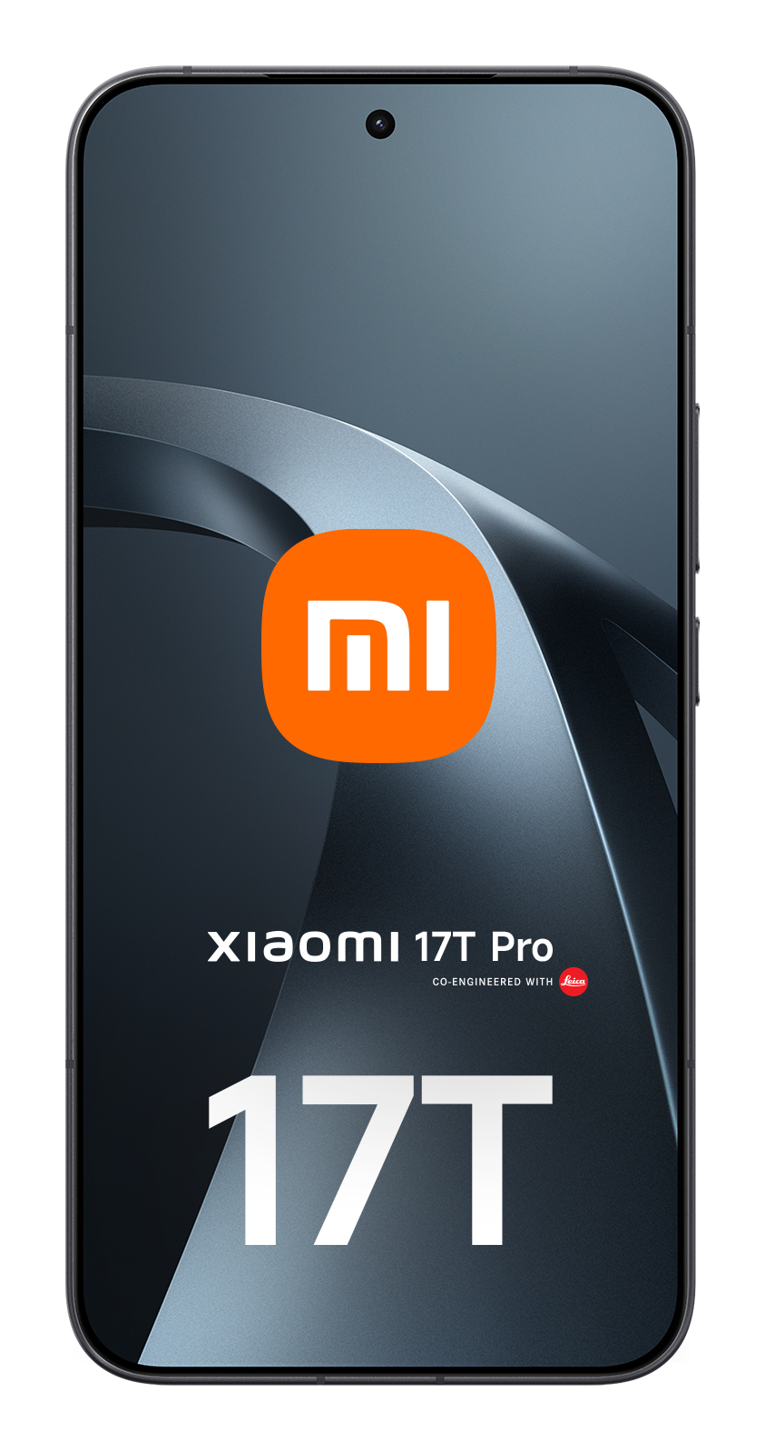 Frontansicht des Xiaomi 17T Pro Smartphones mit orangefarbenem Logo auf dunklem Bildschirm.