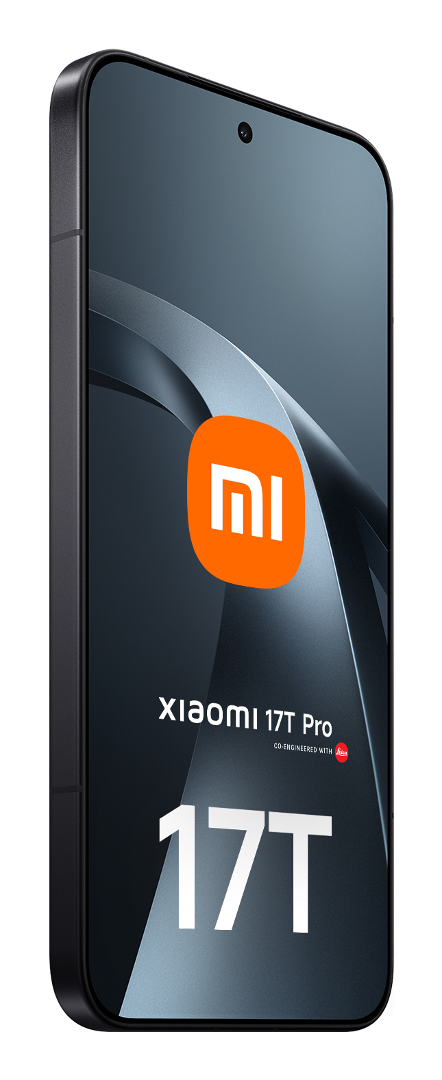 Ein schwarzes Xiaomi 17T Pro Smartphone mit orangem Logo und weißem Text auf dem Bildschirm.