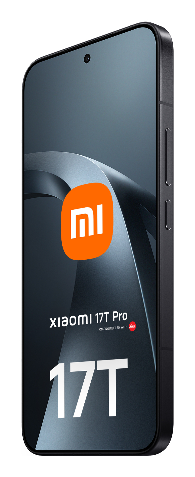 Ein schwarzes Xiaomi 17T Pro Smartphone mit orangem Logo, abgerundeten Ecken und Seitentasten.
