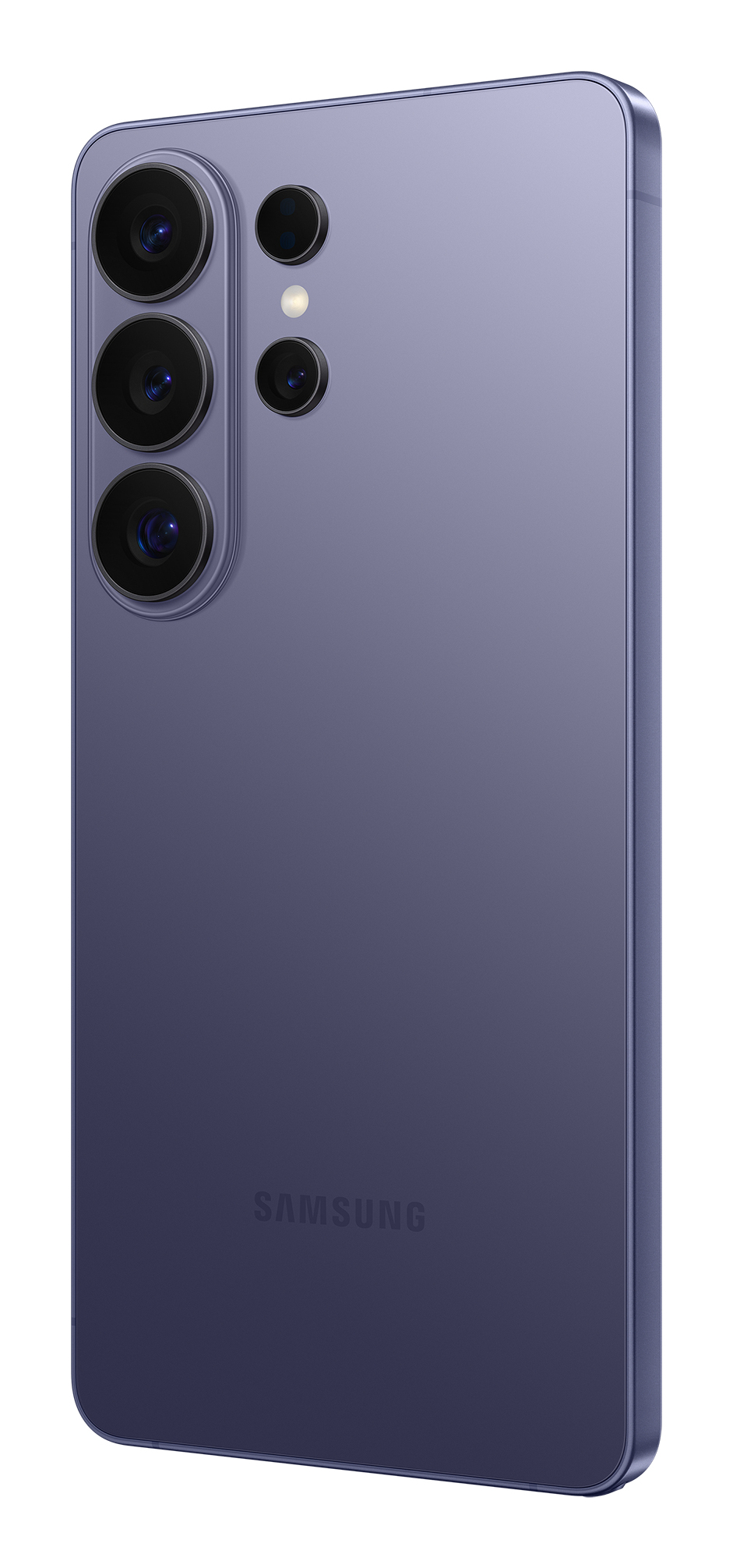 Retro di uno smartphone Samsung viola con tre fotocamere verticali e il logo.