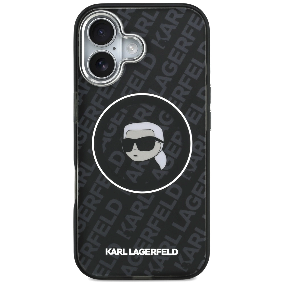 Logo, grafik ve kamera kesimi olan siyah Karl Lagerfeld telefon kılıfı.