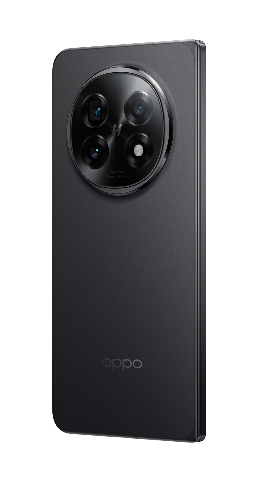 Retro di uno smartphone Oppo nero con un grande modulo fotocamera rotondo in alto.