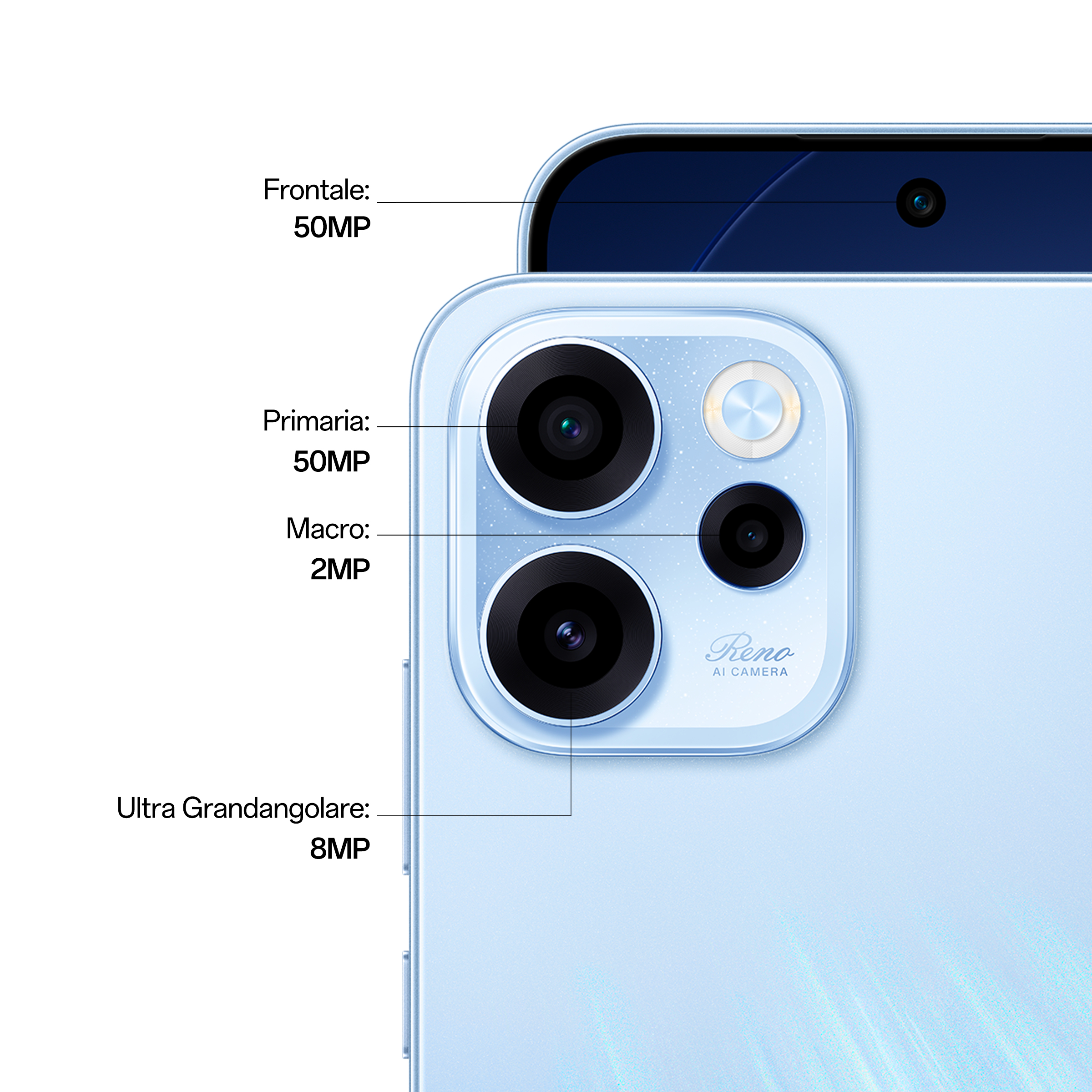 Retro di uno smartphone blu con tre fotocamere ed etichette delle risoluzioni.