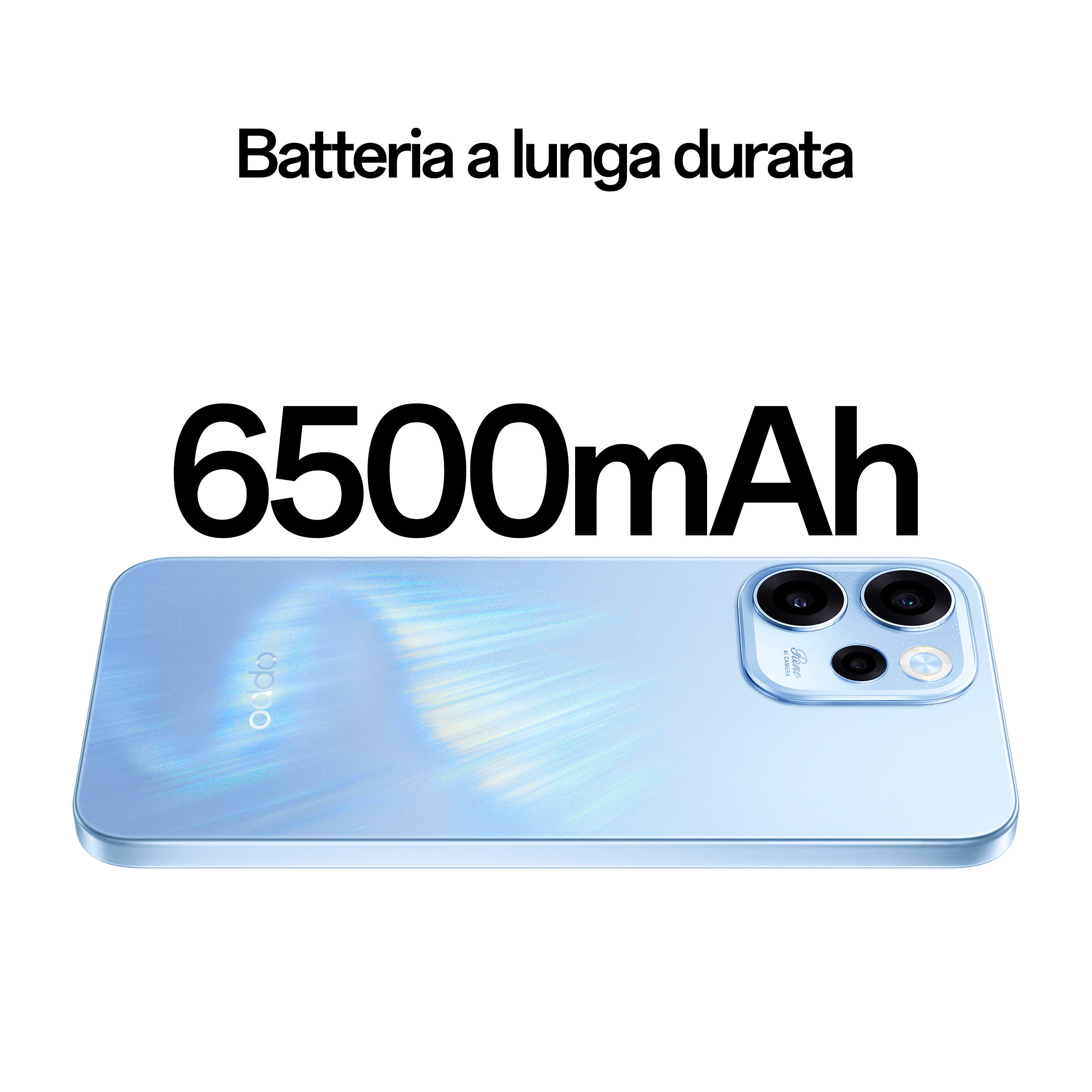 Smartphone azzurro con tripla fotocamera posteriore e le scritte Batteria a lunga durata e 6500mAh.